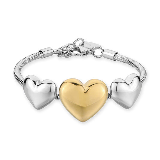 Bracciale Sagapò Stellar Acciaio Maglia Coda Di Topo 3 Cuori Bombati Centrale Pvd Oro
