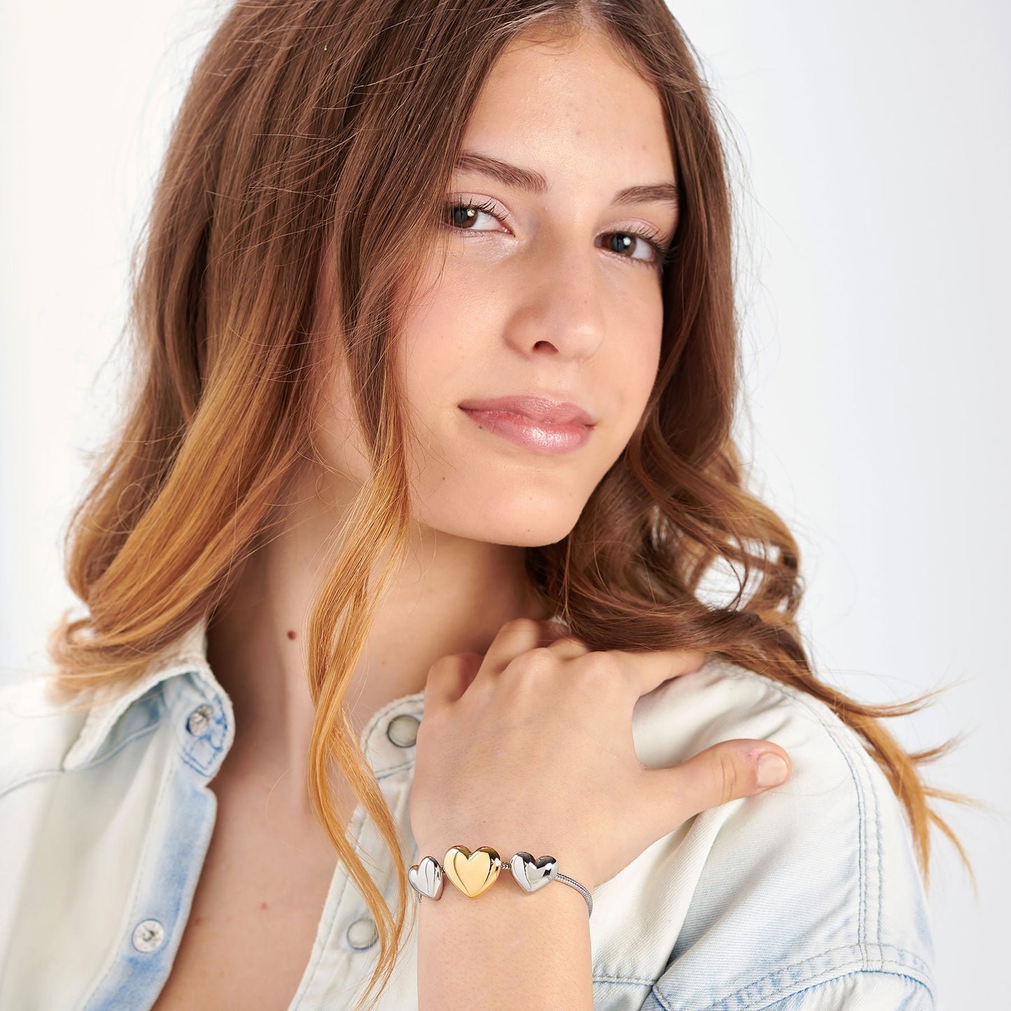 Bracciale Sagapò Stellar Acciaio Maglia Coda Di Topo 3 Cuori Bombati Centrale Pvd Oro