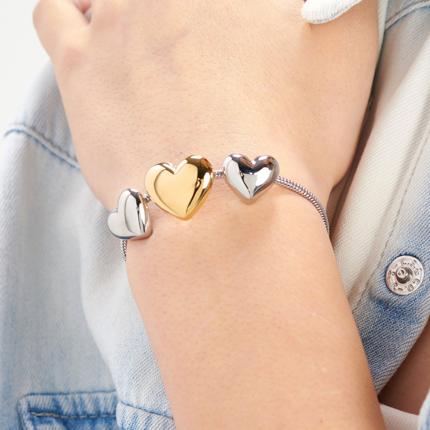 Bracciale Sagapò Stellar Acciaio Maglia Coda Di Topo 3 Cuori Bombati Centrale Pvd Oro