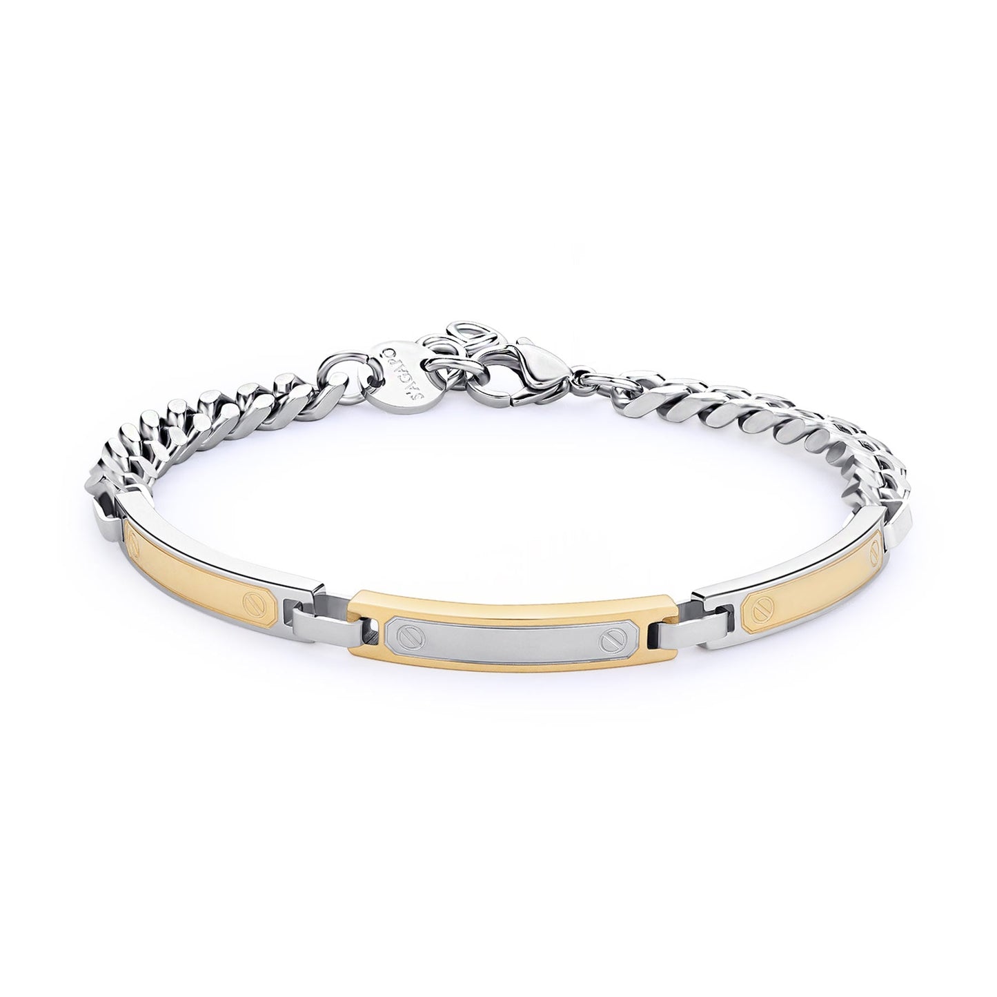 Bracciale Uomo Sagapò Titan Acciaio Catena Maglia Grumetta 2 Piastrine Lastra Pvd Oro