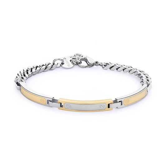 Bracciale Uomo Sagapò Titan Acciaio Catena Maglia Grumetta 2 Piastrine Lastra Pvd Oro