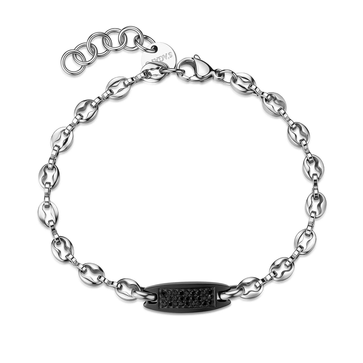 Bracciale Uomo Sagapò Titan Acciaio Catena Maglia Marinara Piastrina Centrale Pvd Nero e Cristalli Neri