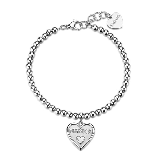 Bracciale Sagapò Duh Duh Acciaio Sferette Charm Cuore Scritta "Mamma"