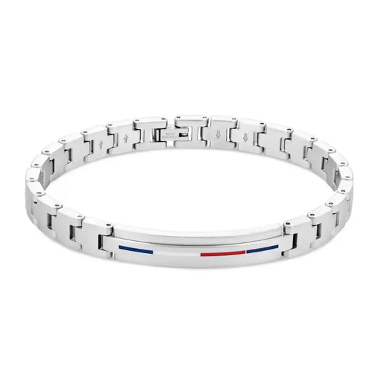 Bracciale Uomo Tommy Hilfiger Dressed Up Acciaio Satinato Piastrina Centrale Riga Smalto Bianco/Rosso/Blu