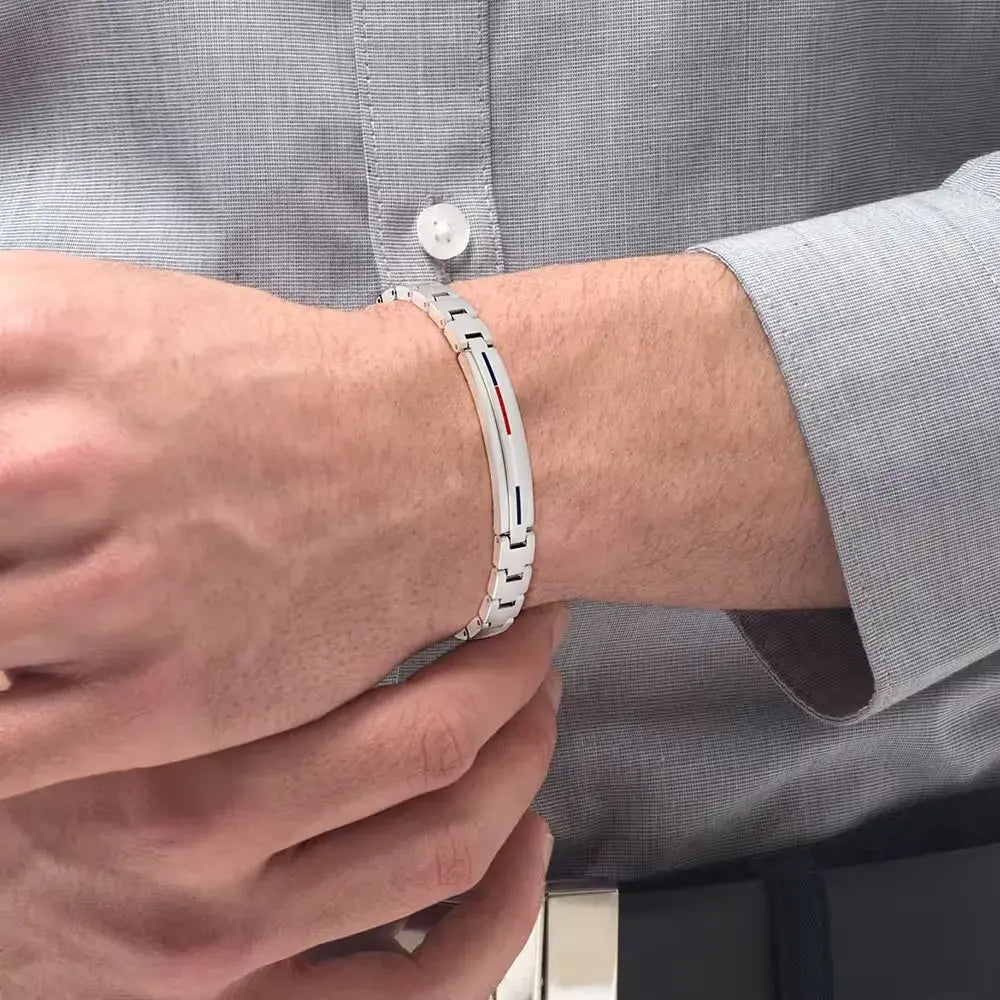 Bracciale Uomo Tommy Hilfiger Dressed Up Acciaio Satinato Piastrina Centrale Riga Smalto Bianco/Rosso/Blu