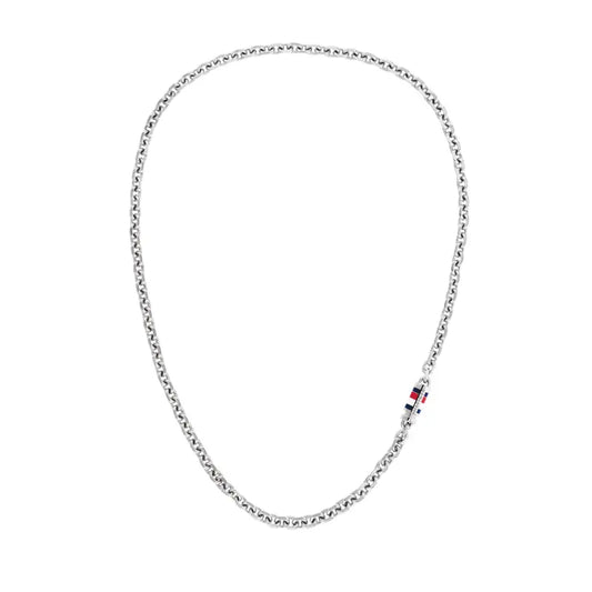 Collana Uomo Tommy Hilfiger Bruce Acciaio Catena Maglie Ovali Barilotto Centrale Smalto Bianco/Rosso/Blu