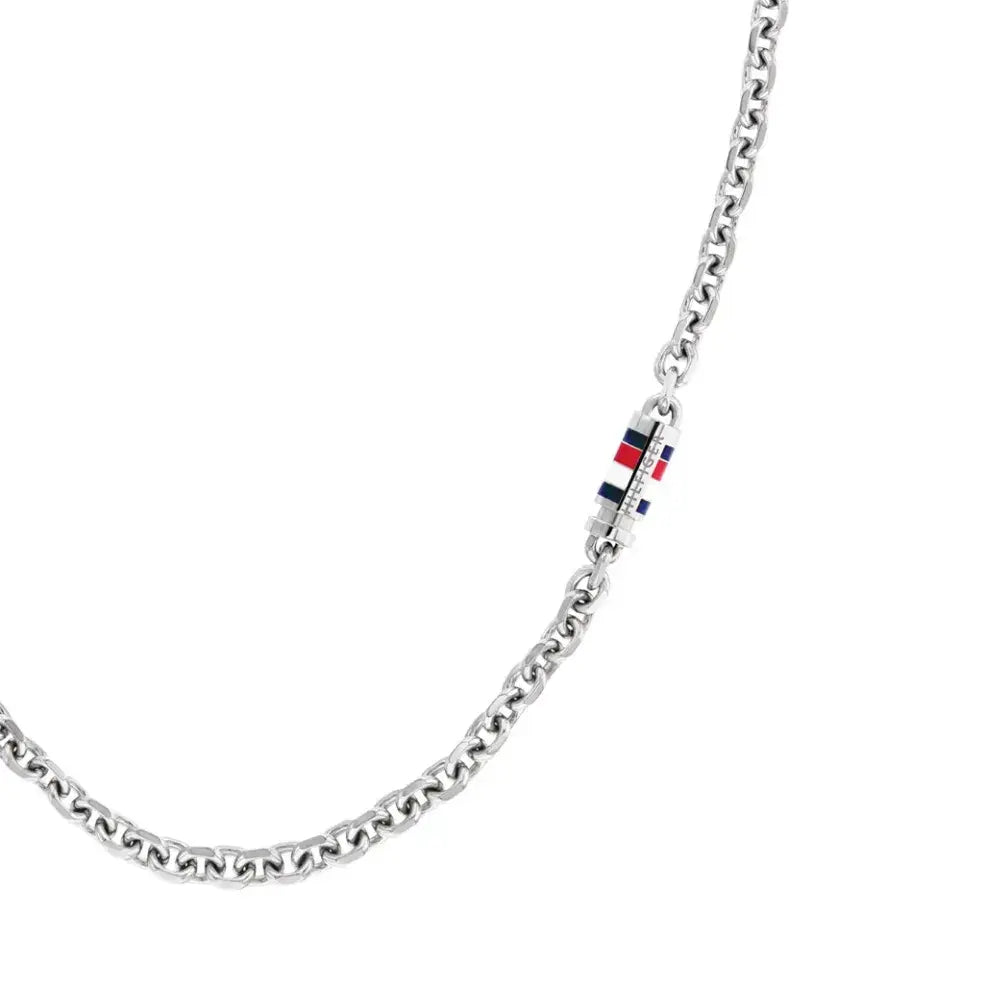 Collana Uomo Tommy Hilfiger Bruce Acciaio Catena Maglie Ovali Barilotto Centrale Smalto Bianco/Rosso/Blu
