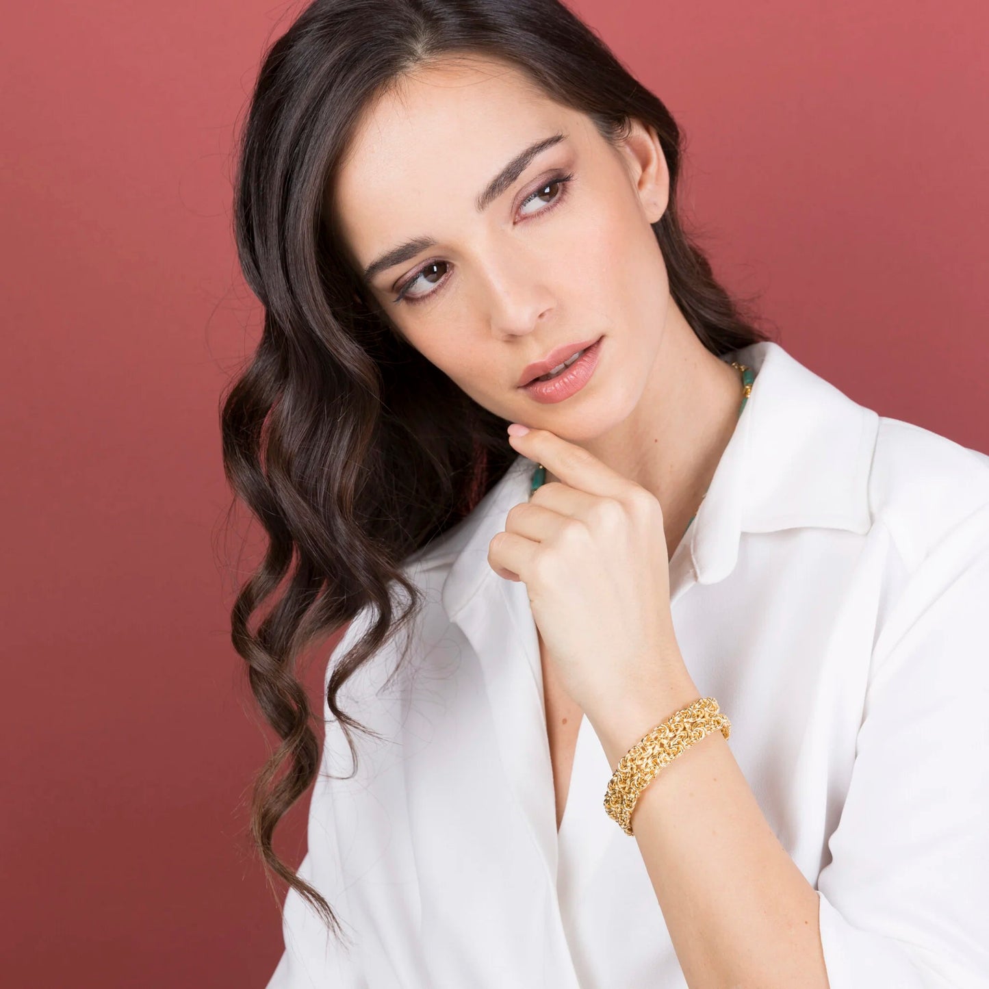 Bracciale a Fascia Doppia Etrusca Catena Bizantina Lega Golden Placcata Oro 18 kt