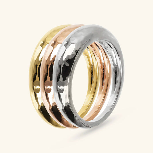 Set 3 Anelli Etrusca Fedine Martellati Tricolore Lega Golden Placcata Oro 18 kt - Misura 16