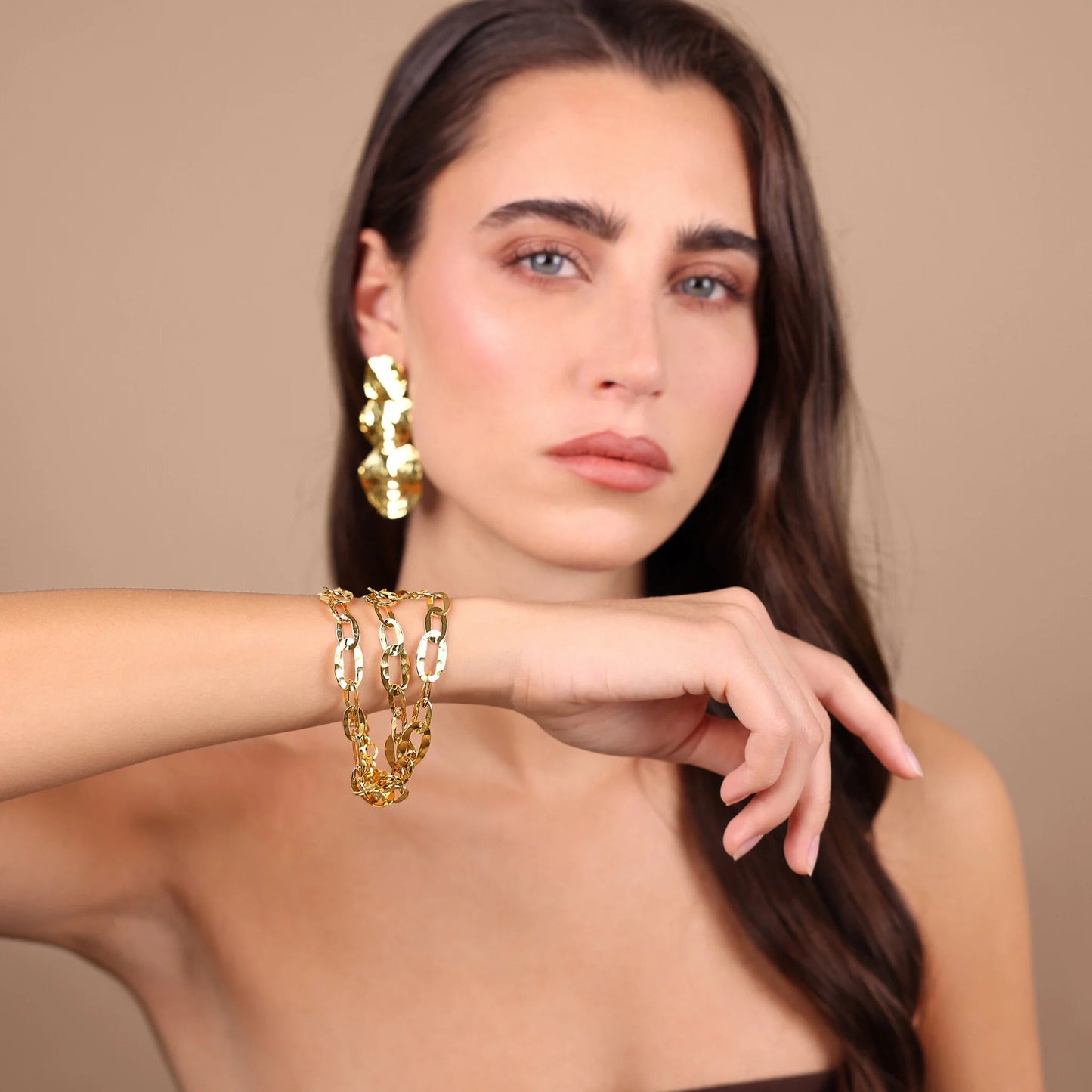 Bracciale Multifilo Etrusca Catena Ovale Martellata Lega Golden Placcata Oro 18 kt