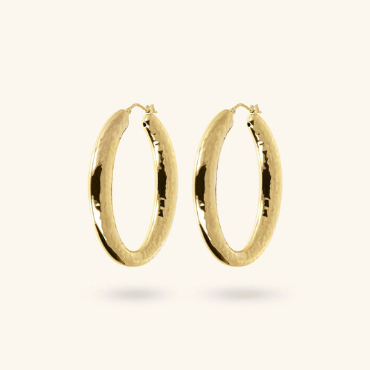 Orecchini a Cerchio Etrusca Ovali Martellati Lega Golden Placcata Oro 18 kt