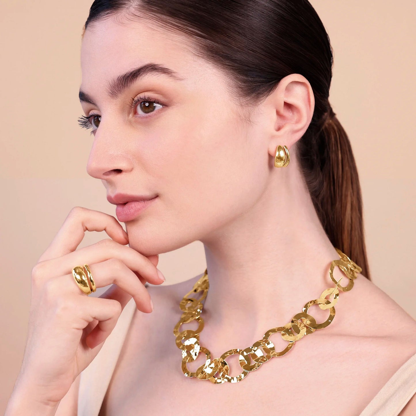 Orecchini Etrusca Martellati Design Doppio Lega Golden Placcata Oro 18 kt