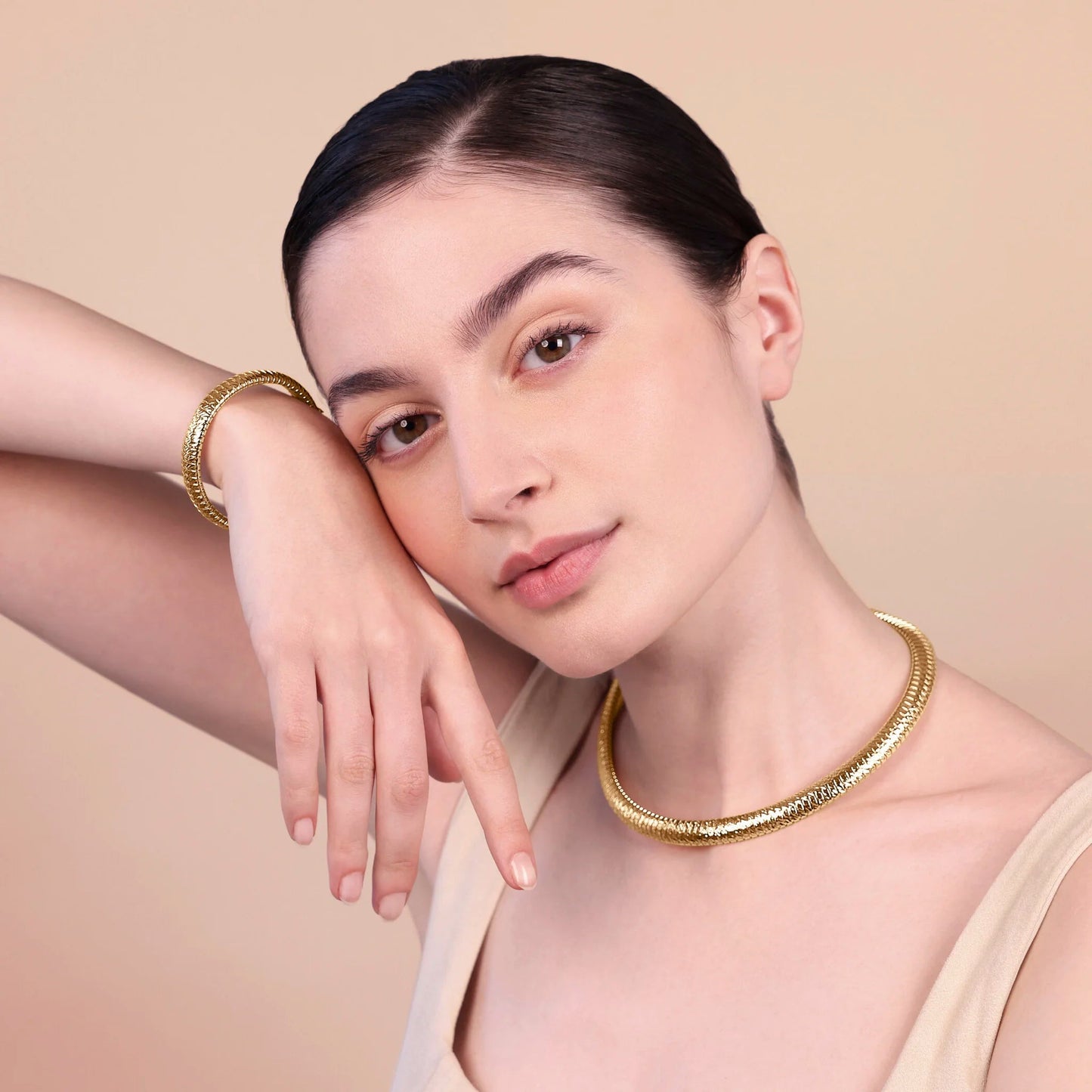 Collana Girocollo Etrusca Tubogas Diamantata Lega Golden Placcata Oro 18 kt