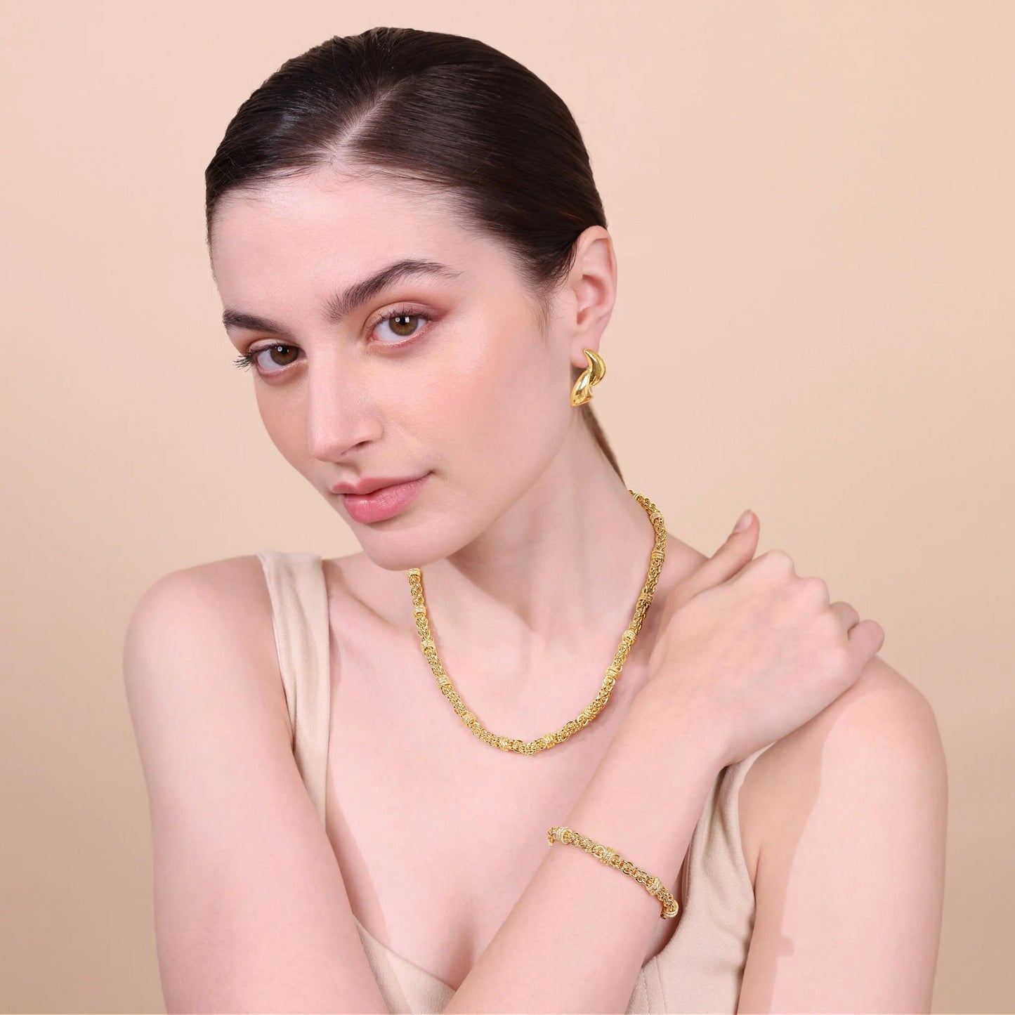 Collana Girocollo Etrusca Catena a Intreccio con Rondelle Lega Golden Placcata Oro 18 kt