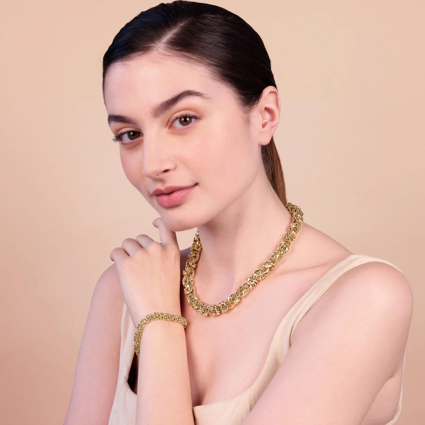 Collana Girocollo Etrusca Maxi Catena Bizantina Martellata Lega Golden Placcata Oro 18 kt