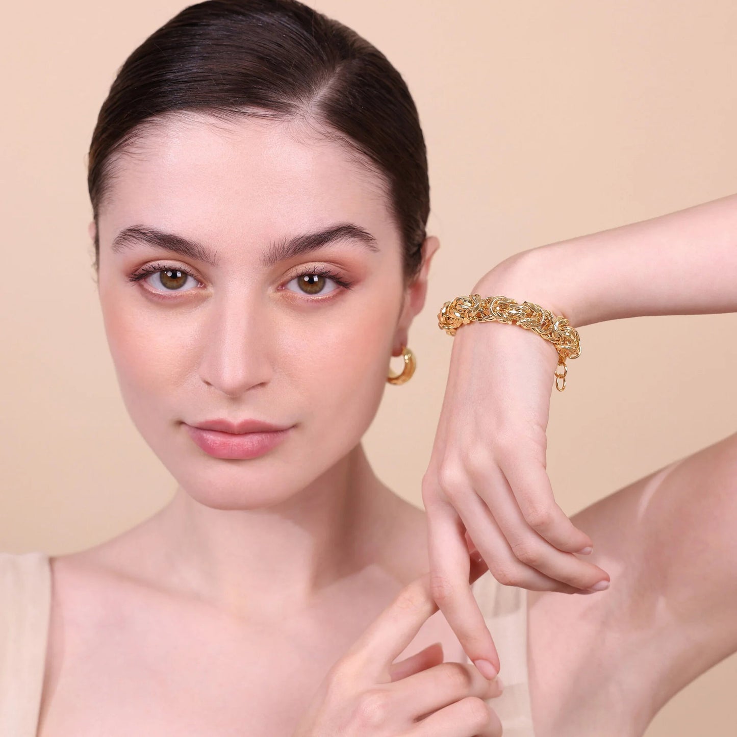 Bracciale Etrusca Maxi Catena Bizantina Martellata Lega Golden Placcata Oro 18 kt