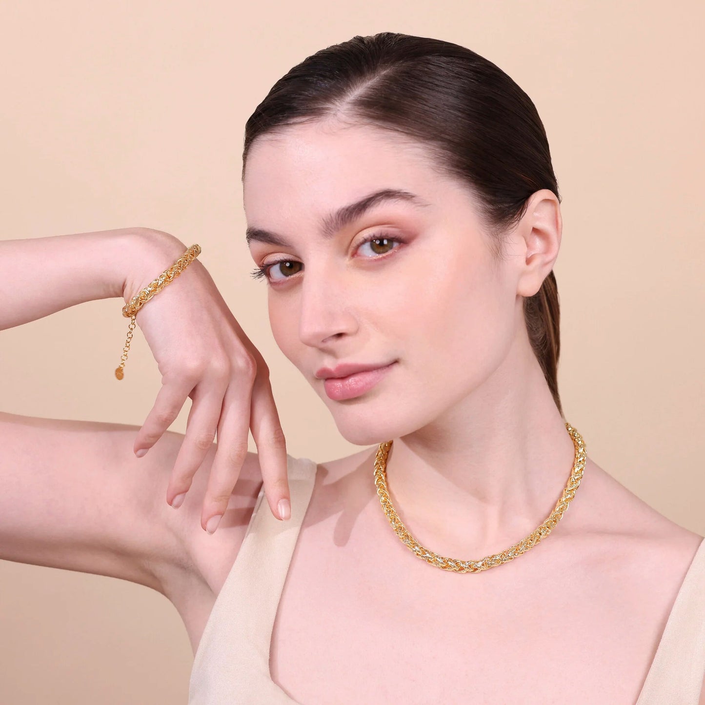Bracciale Etrusca Maxi Catena Spiga Martellata Lega Golden Placcata Oro 18 kt