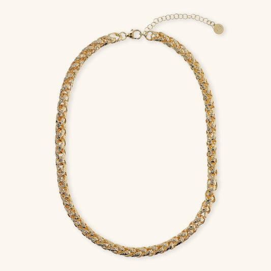 Collana Girocollo Etrusca Maxi Catena Spiga Martellata Lega Golden Placcata Oro 18 kt