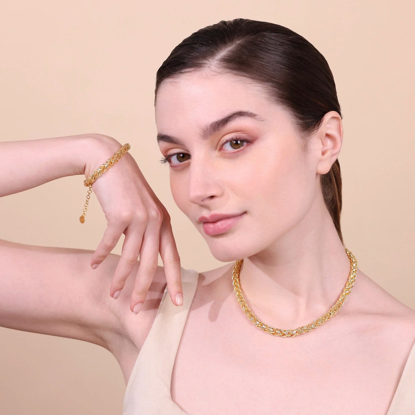 Collana Girocollo Etrusca Maxi Catena Spiga Martellata Lega Golden Placcata Oro 18 kt