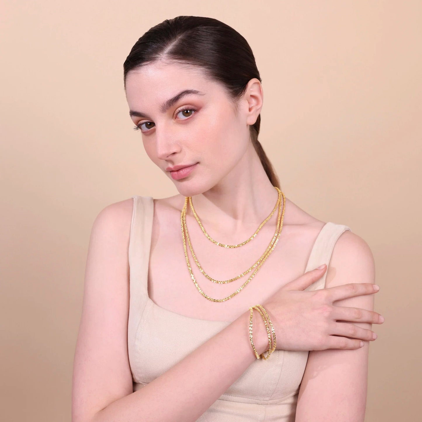 Collana Multifilo Etrusca Graduata Catena Margherita Lega Golden Placcata Oro 18 kt
