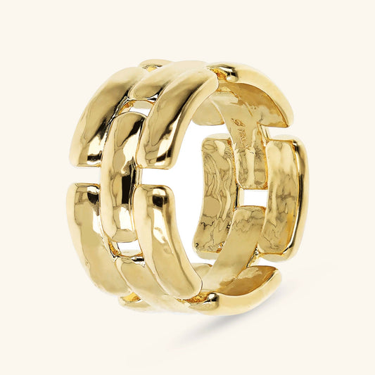 Anello a Fascia Etrusca Maglia Pantera Martellato Lega Golden Placcata Oro 18 kt - Misura 18