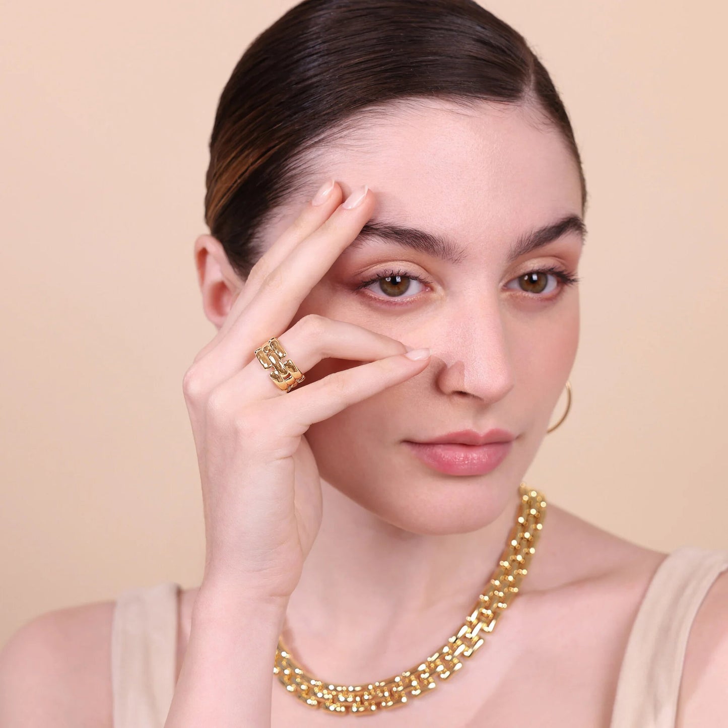 Anello a Fascia Etrusca Maglia Pantera Martellato Lega Golden Placcata Oro 18 kt - Misura 16