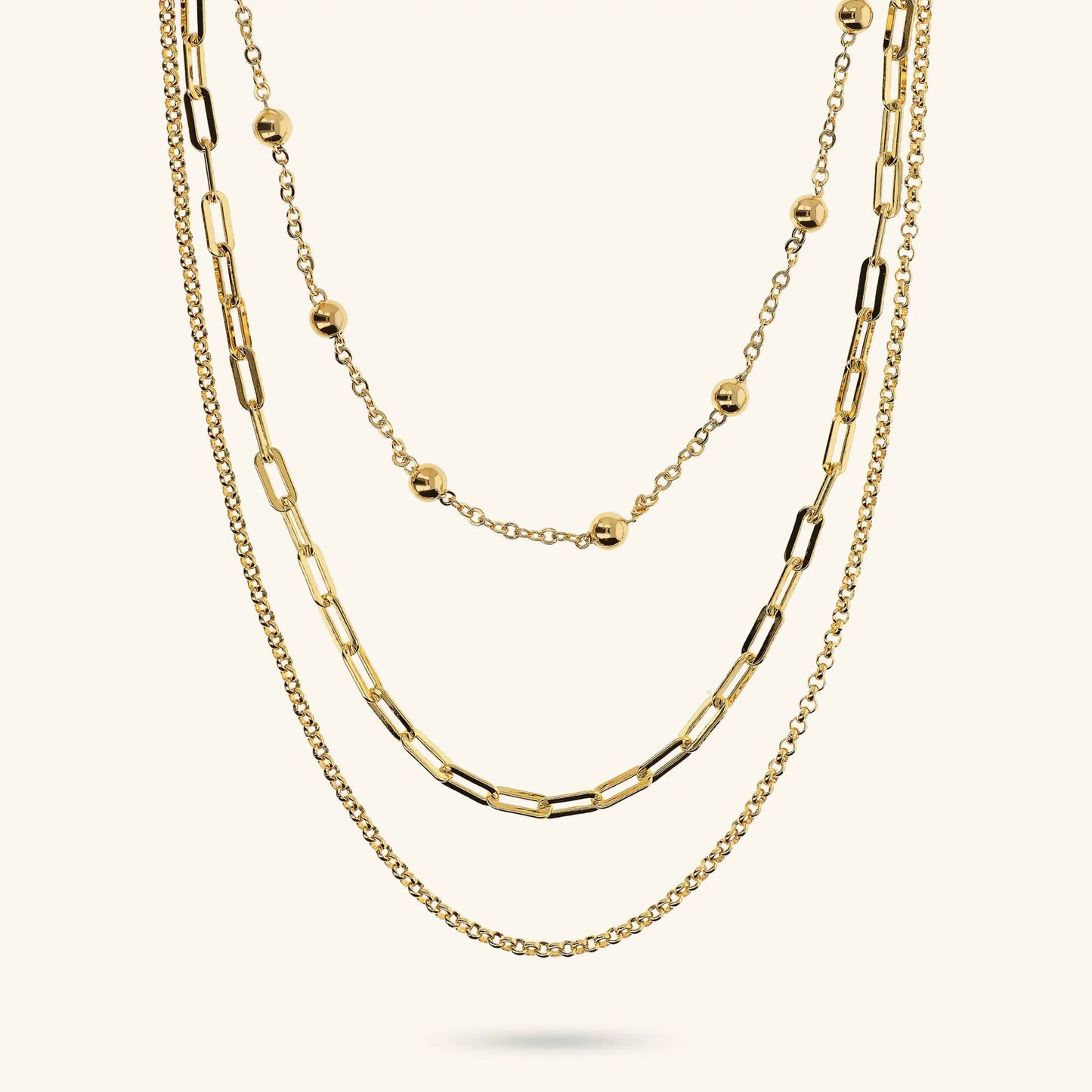 Collana Multifilo Etrusca Graduata Catena Rolo, Maglie Ovali e Bead Lucide Lega Golden Placcata Oro 18 kt