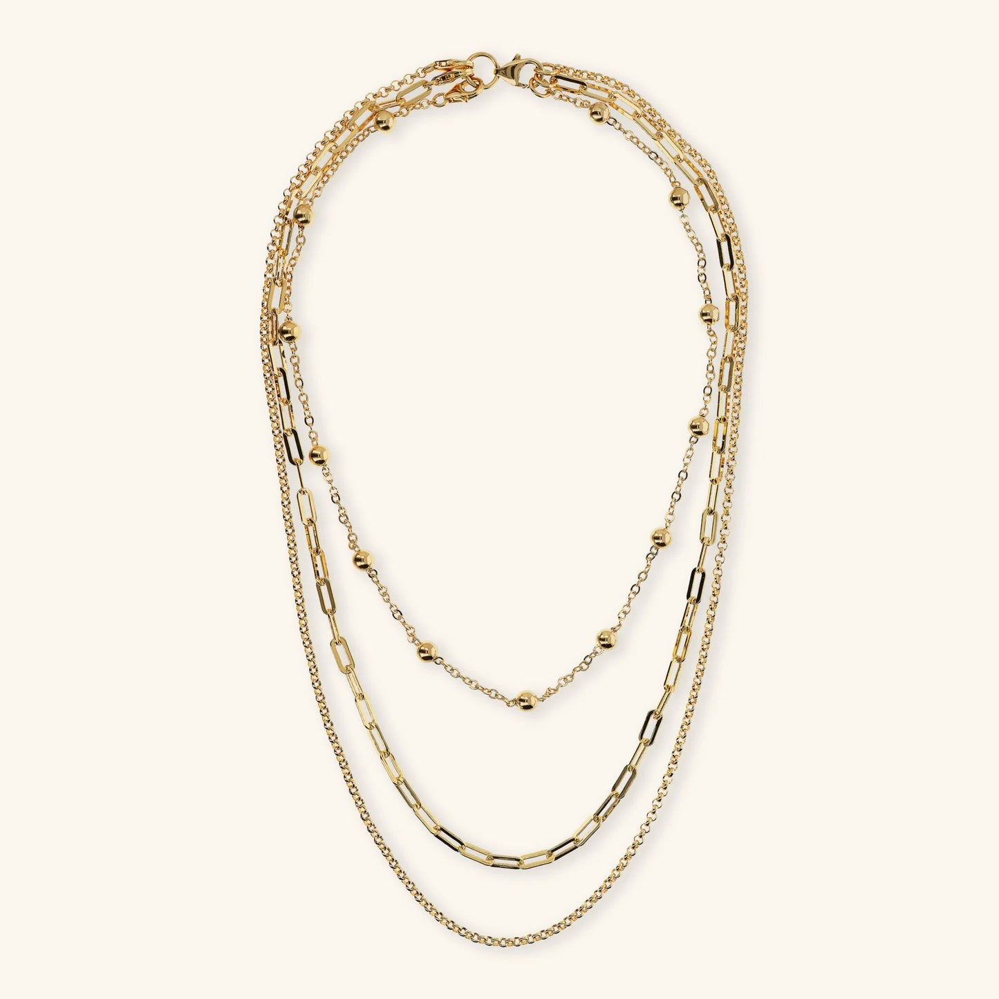 Collana Multifilo Etrusca Graduata Catena Rolo, Maglie Ovali e Bead Lucide Lega Golden Placcata Oro 18 kt