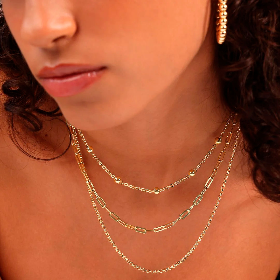 Collana Multifilo Etrusca Graduata Catena Rolo, Maglie Ovali e Bead Lucide Lega Golden Placcata Oro 18 kt