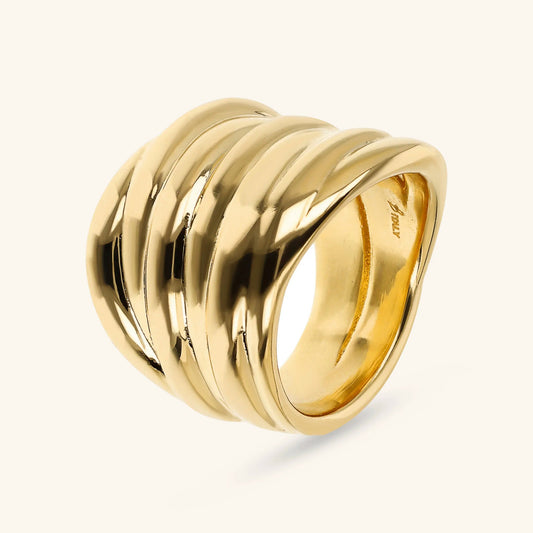 Anello a Fascia Etrusca Graduato Texture Rigata Lega Golden Placcata Oro 18 kt - Misura 16