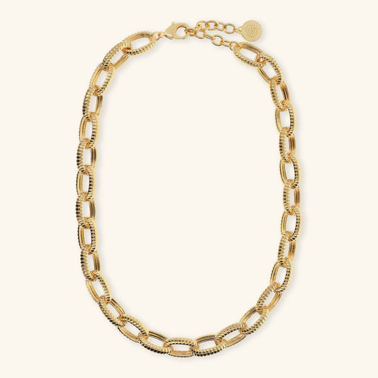 Collana Girocollo Etrusca Maglie Ovali Texture Rigata Lega Golden Placcata Oro 18 kt