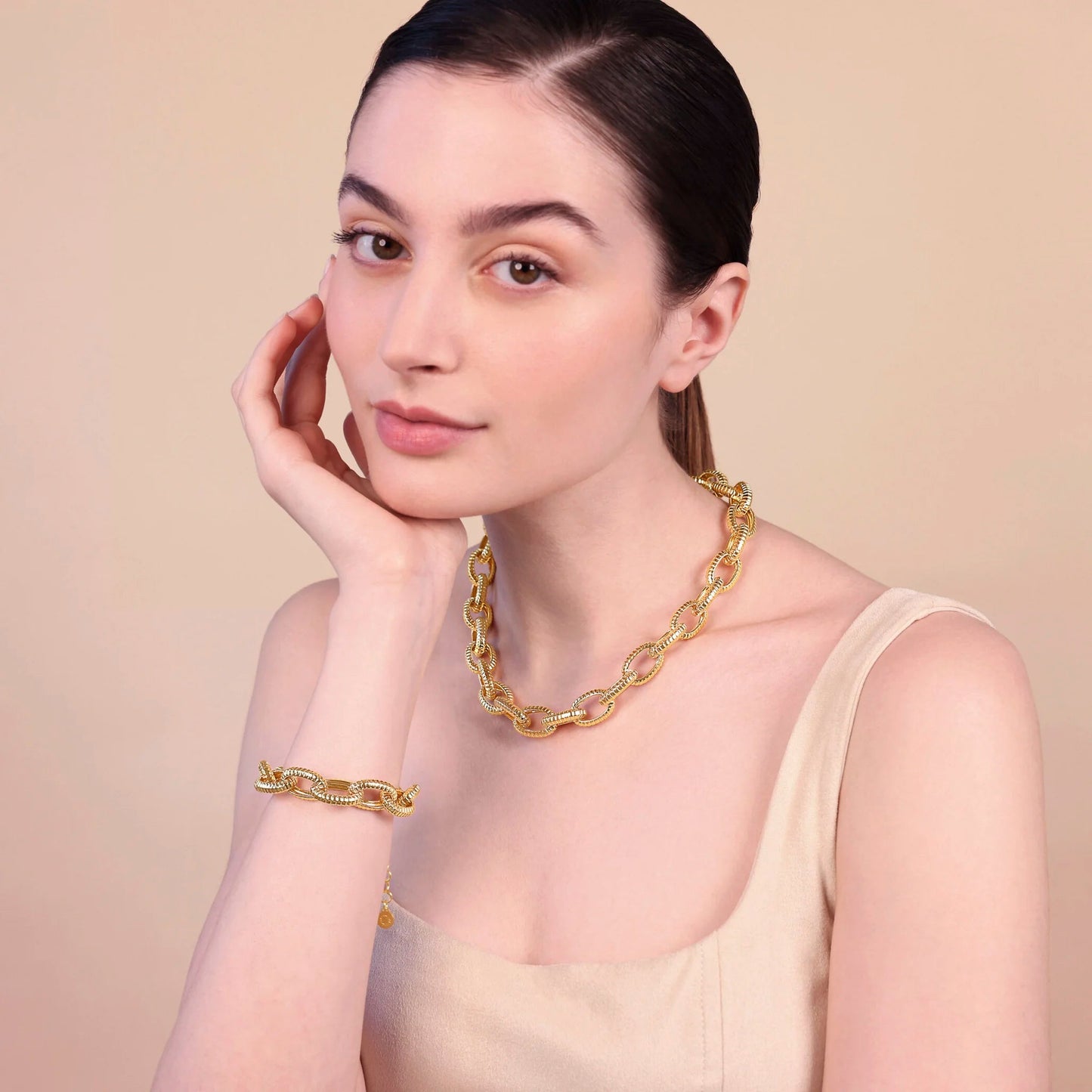Collana Girocollo Etrusca Maglie Ovali Texture Rigata Lega Golden Placcata Oro 18 kt