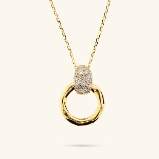 Collana Etrusca Lega Golden Placcata Oro 18 Kt Pendente Cerchio Martellato e Pavè