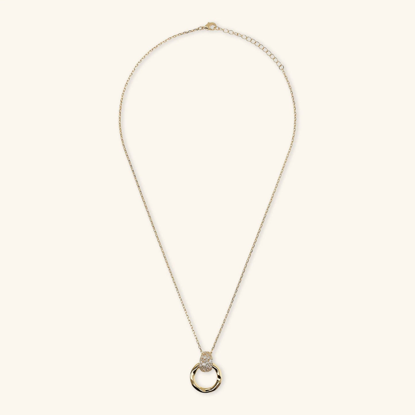 Collana Etrusca Lega Golden Placcata Oro 18 Kt Pendente Cerchio Martellato e Pavè