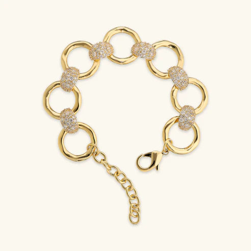 Bracciale Etrusca Maglie ad Anello Martellate Pavé di Cubic Zirconia Lega Golden Placcata Oro 18 kt