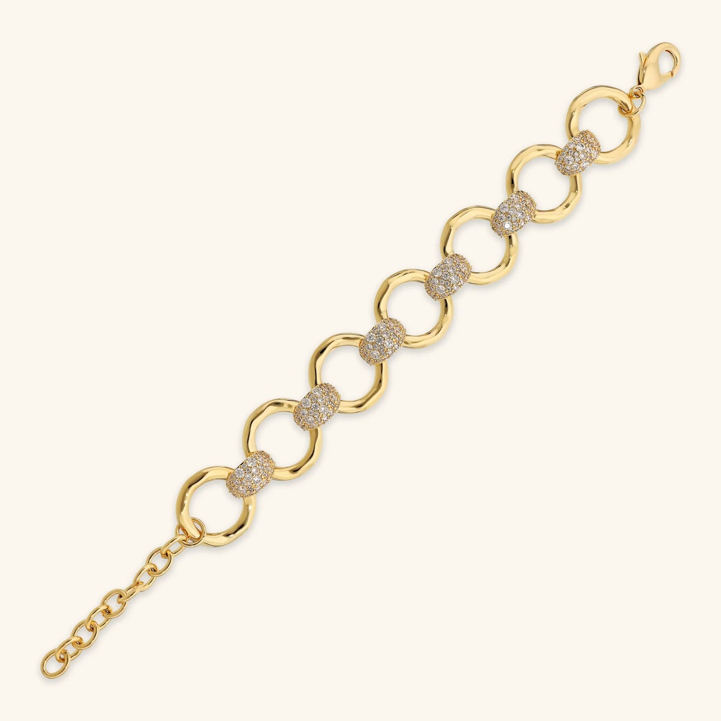 Bracciale Etrusca Maglie ad Anello Martellate Pavé di Cubic Zirconia Lega Golden Placcata Oro 18 kt