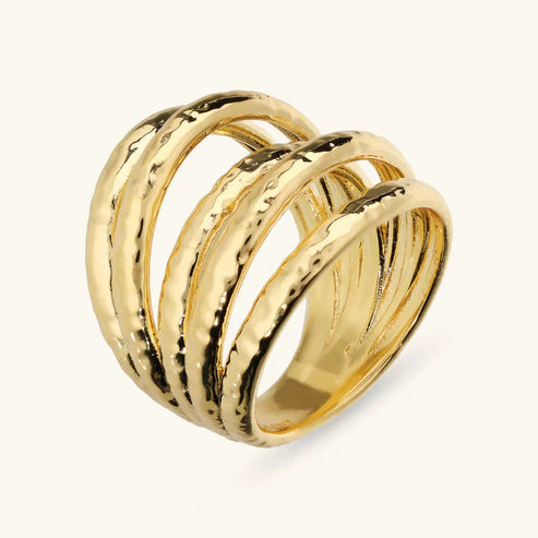 Anello a Fascia Etrusca Multifilo Martellato Placcato Oro 18 kt - Misura 14
