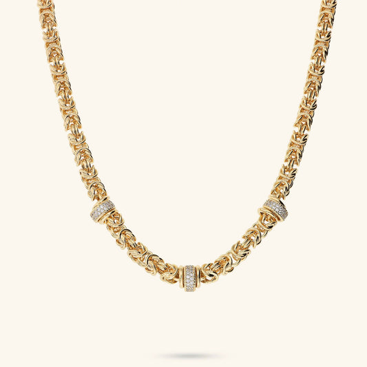 Collana Girocollo Etrusca Catena Bizantina con Rondelle in Pavé di Cubic Zirconia Lega Golden Placcata Oro 18 kt