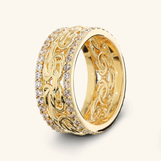 Anello a Fascia Etrusca Catena Bizantina con Pavé di Cubic Zirconia Lega Golden Placcata Oro 18 kt - Misura 14