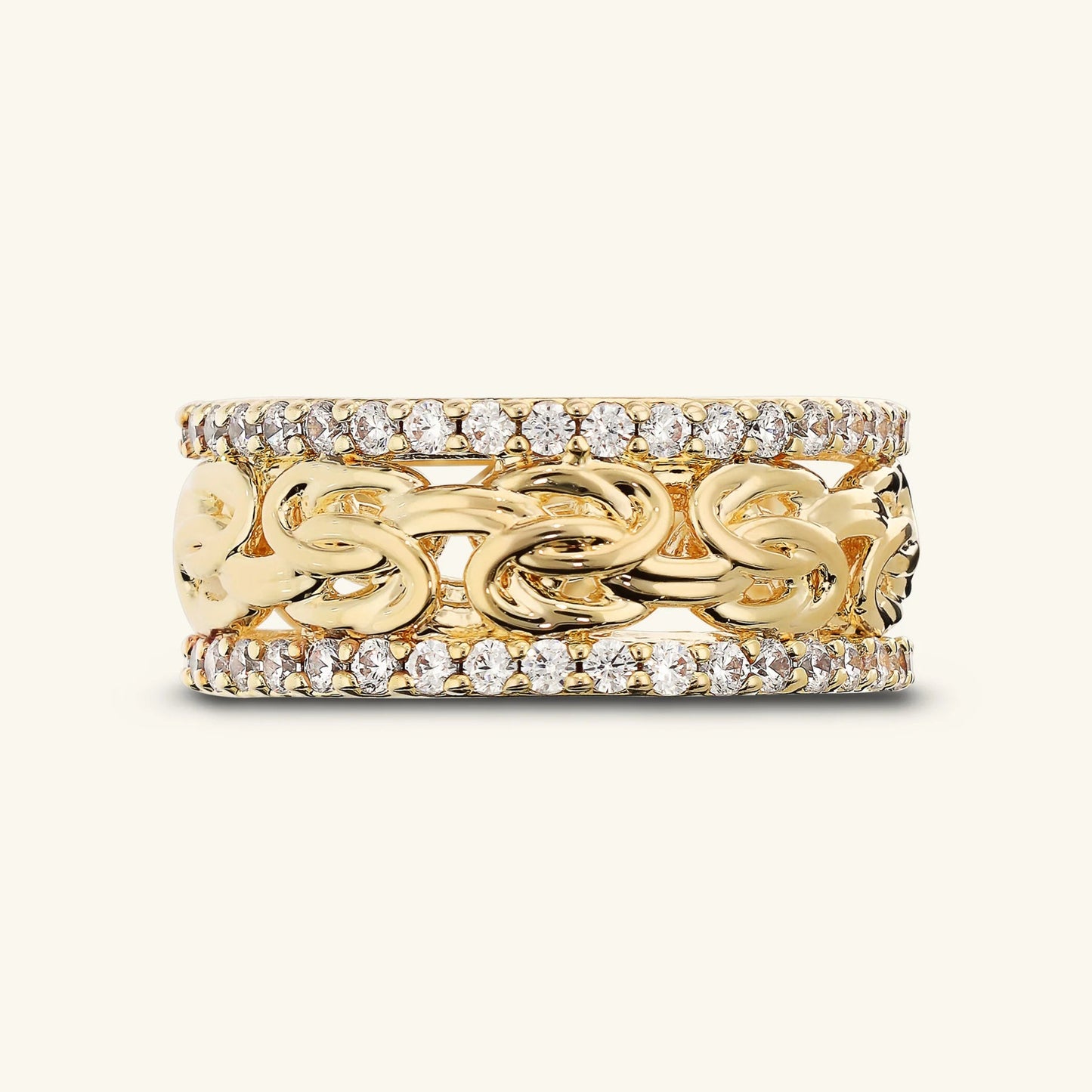 Anello a Fascia Etrusca Catena Bizantina con Pavé di Cubic Zirconia Lega Golden Placcata Oro 18 kt - Misura 14