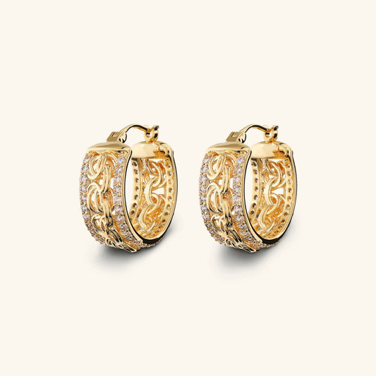 Orecchini a Cerchio Etrusca Catena Bizantina con Pavé di Cubic Zirconia Lega Golden Placcata Oro 18 kt