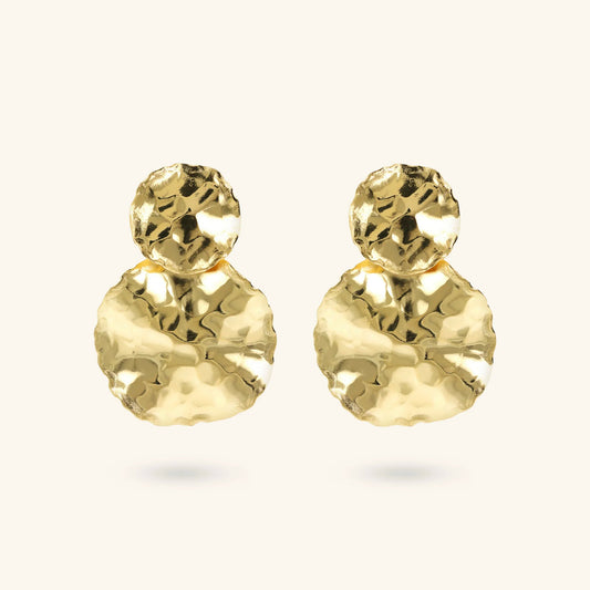 Orecchini Pendenti Etrusca Martellati a Doppio Disco Graduato Lega Golden Placcata Oro 18 kt