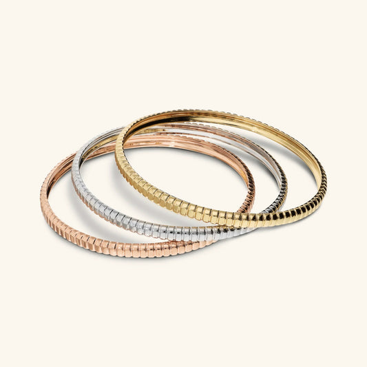 Set 3 Bracciali Rigidi Etrusca Tricolore Texture Rigata Lega Golden Placcata Oro 18 kt