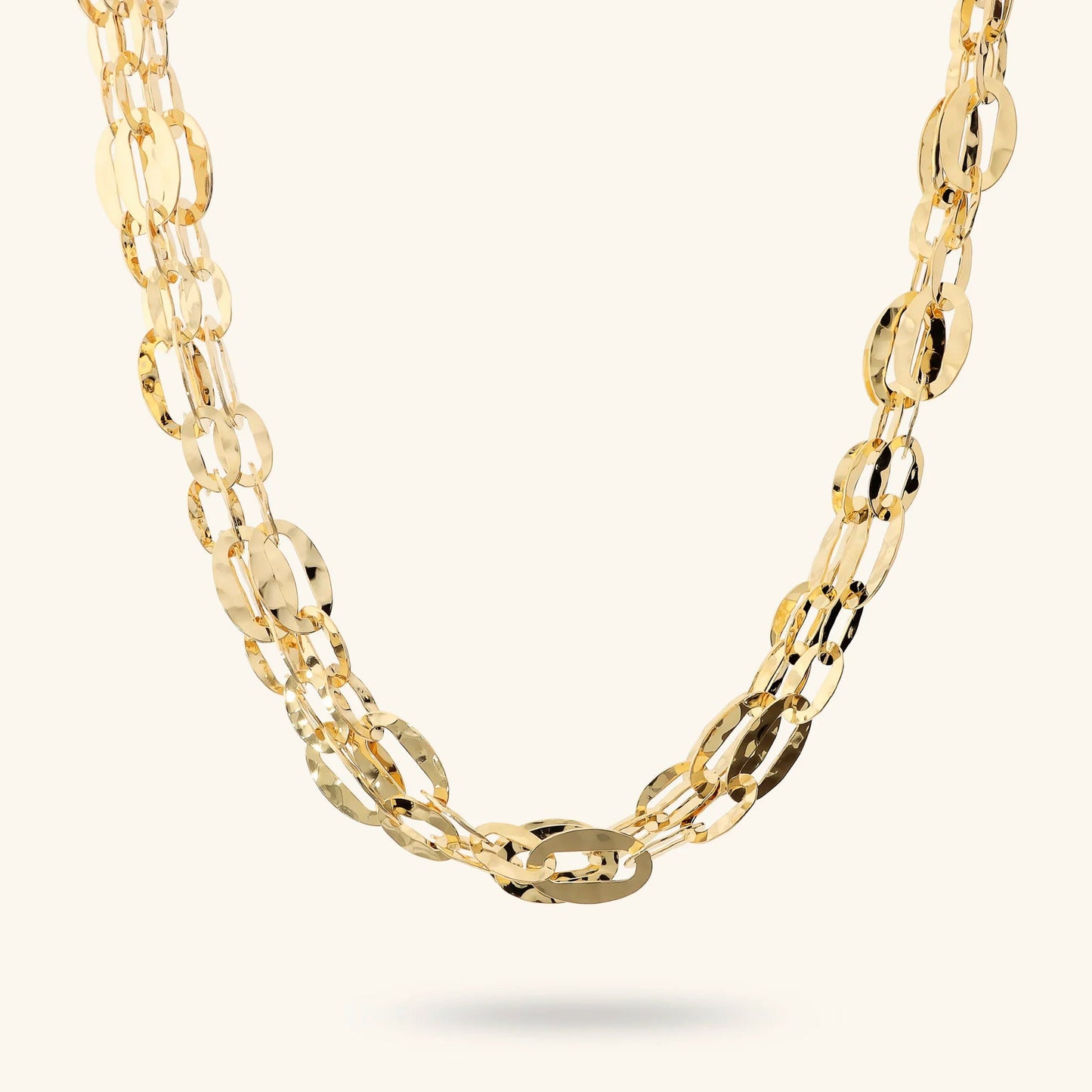 Collana Multifilo Etrusca Catena Ovale Martellata Lega Golden Placcata Oro 18 kt