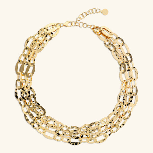 Collana Multifilo Etrusca Catena Ovale Martellata Lega Golden Placcata Oro 18 kt