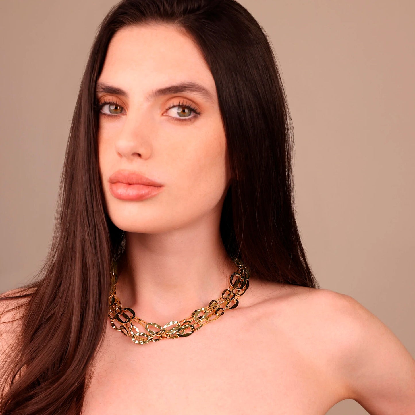 Collana Multifilo Etrusca Catena Ovale Martellata Lega Golden Placcata Oro 18 kt
