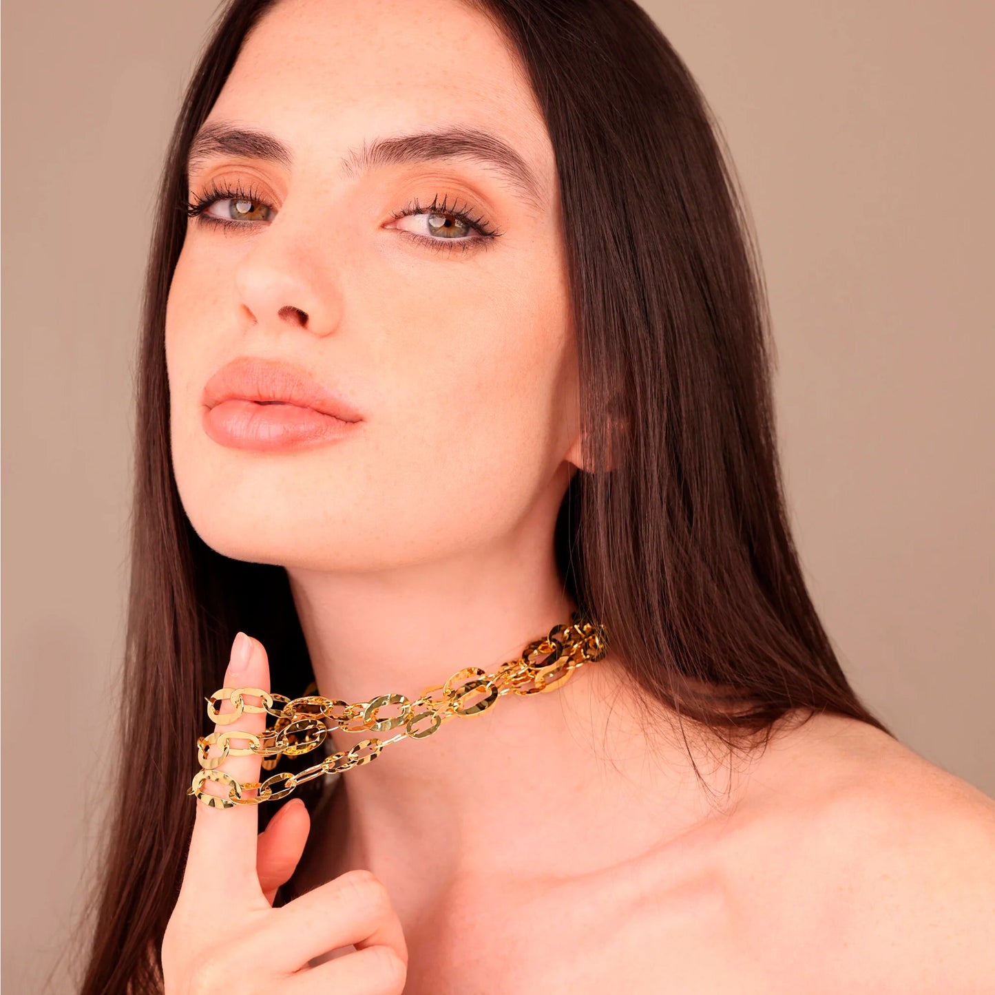 Collana Multifilo Etrusca Catena Ovale Martellata Lega Golden Placcata Oro 18 kt