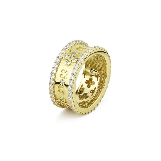 Anello Regolabile Boccadamo Nexma Bronzo Pvd Oro Decoro Floreale Cristalli