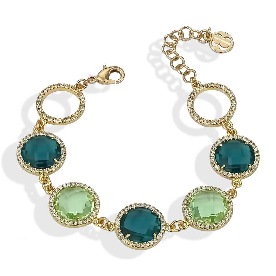 Bracciale Boccadamo Mediterranea Sharada Bronzo Pvd Oro Cerchi Contornati e Cristalli Sfaccettati Verdi