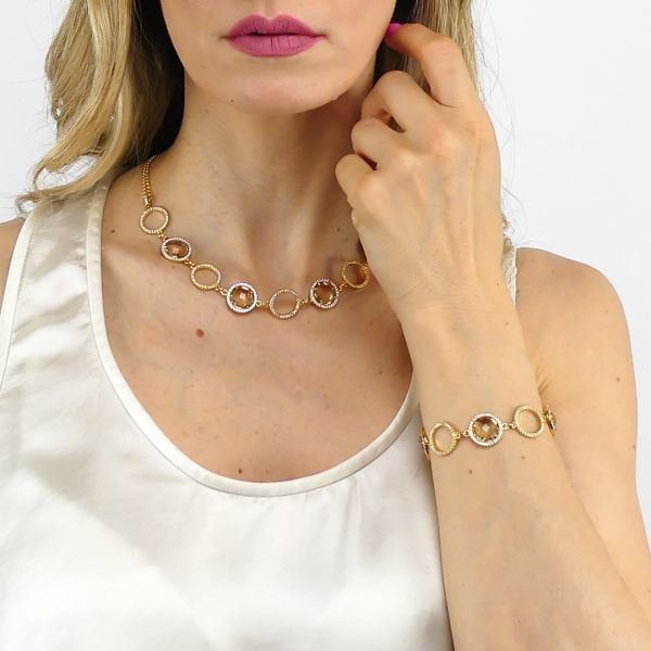 Collana a 2 Fili Boccadamo Mediterranea Sharada Bronzo Dorato Cerchi Contornati e Cristalli